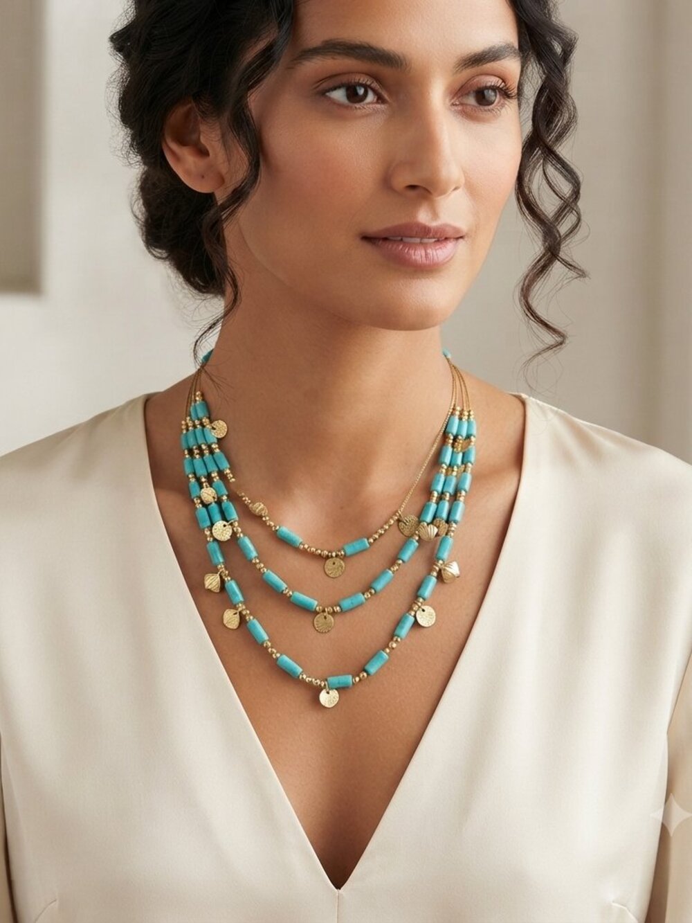 Bijou drive Triple Layer Simulated Turquoise Stone Brass Necklace